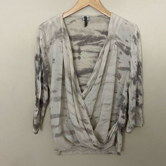 XCVI Tie Dye Faux Wrap Blouse with Contrasting Fabric and 3/4 Sleeve size Large - Picture 1 of 9
